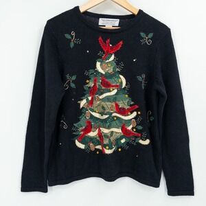 Vintage Tiara International Christmas Tree Cardinal Sweater Medium Black Holiday